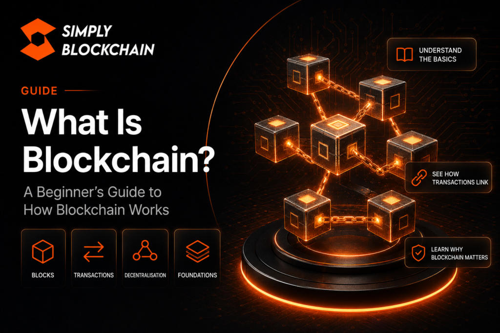 What is blockchain beginner guide showing connected blockchain blocks and transactions