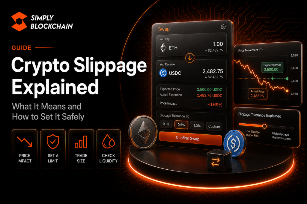 Crypto slippage explained showing expected price versus executed swap price