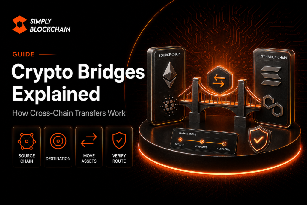 Crypto bridges explained showing assets moving between two blockchain networks