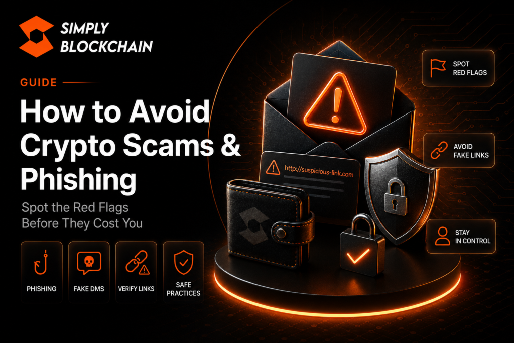 Crypto scams and phishing guide showing fake links, warning signs and wallet security