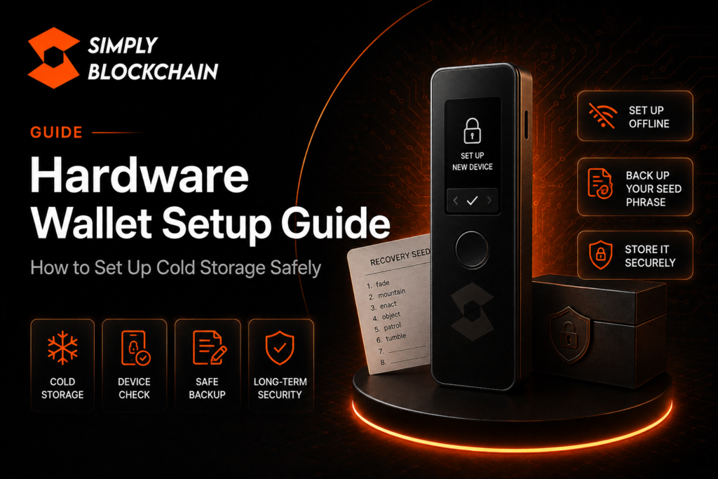 Hardware wallet setup guide showing cold storage device and recovery phrase backup