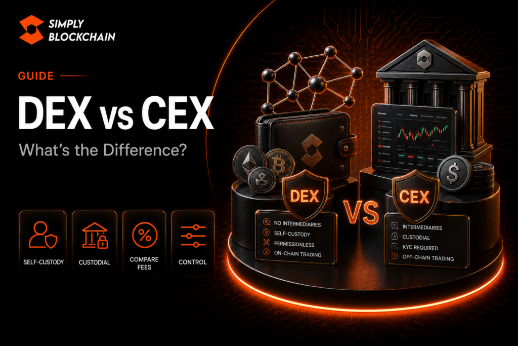 DEX vs CEX comparison showing decentralised exchange and centralised exchange trading