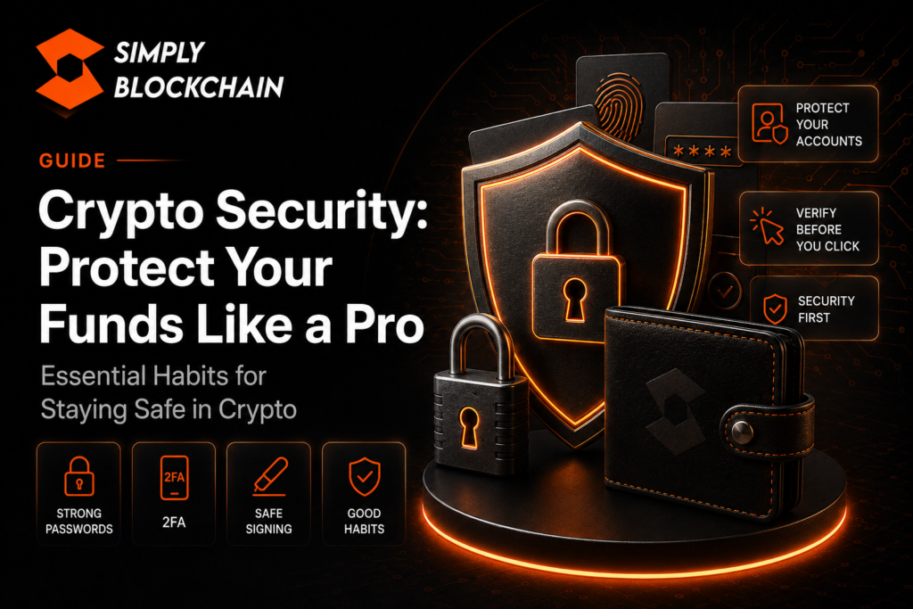 Crypto security guide showing wallet protection, strong passwords, 2FA and safe signing