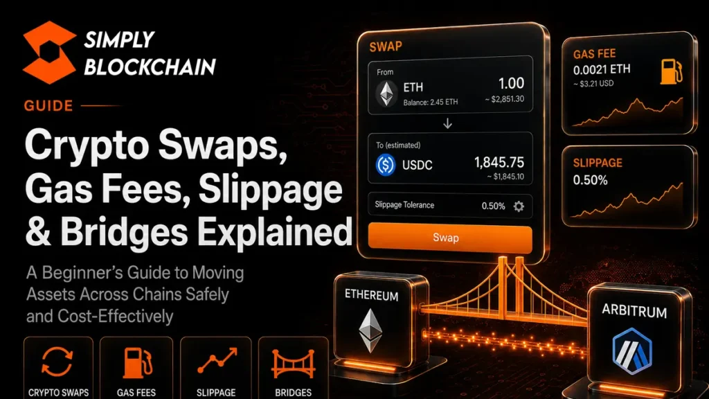 Crypto swaps guide explaining gas fees, slippage and bridges for beginners